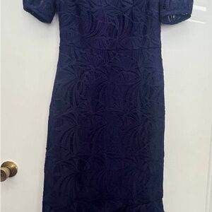 Kay Unger Blue Sheath Puff Sleeve Midi Dress